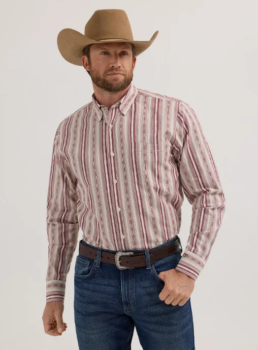 Slim fit Wrangler X Cody Johnson Burgundy Stripe Button Long Sleeve Western Shirt 112357669